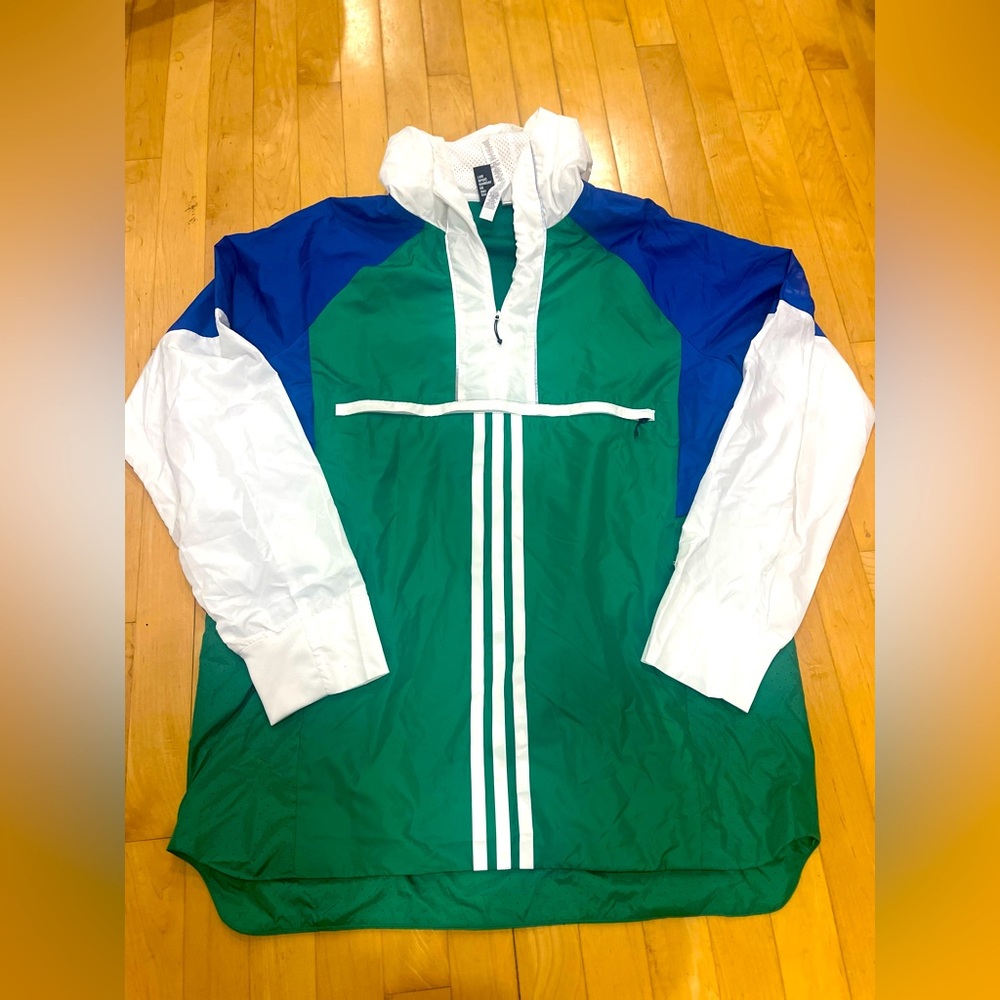 Adidas Green and Blue Windbreaker Jacket with a Hood